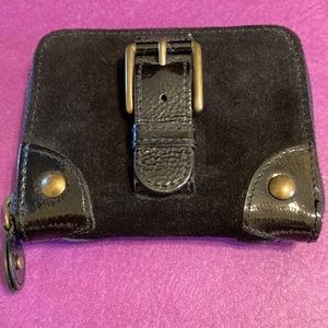 NWT J Crew black suede & black patent leather detail wallet w/brass hardware